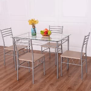 Dining Set 5-Piece Silver Table and 4 -Chairs Glass Top Kitchen Breakfast Furniture New