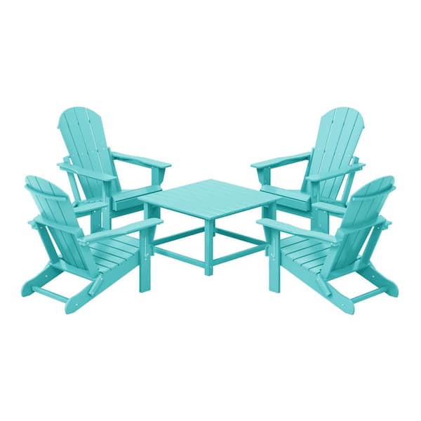Laguna Turquoise Plastic Weather Resistant Adirondack Chair 5-Piece Outdoor Patio Conversation Set, Square Coffee Table