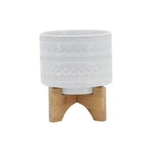 6 in. x 6 in. White Ceramic Tribal Planter Pots with Stand