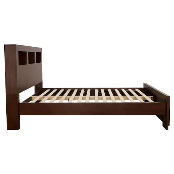 Jessica Brown Wood Frame Queen Platform Bed with Storage Headboard