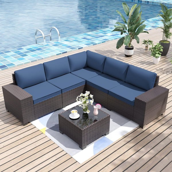 homfan Patio Sectional Light Brown Wicker 6-Piece, Outdoor Sectional Set, with Cushion in Dark Blue, Coffee Table
