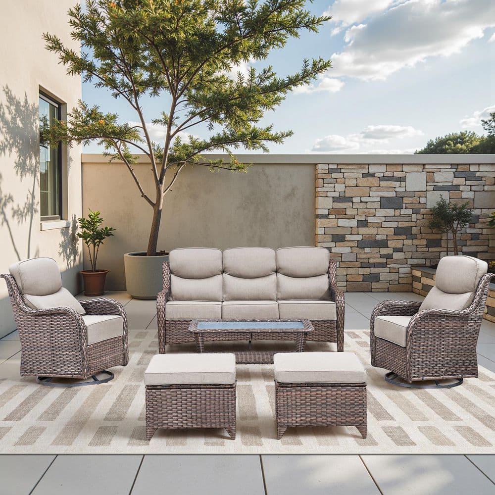 Holion Brown 6-Piece Wicker Patio Conversation Swivel Glider Set Outdoor Sofa Seating Set with 6 in. Beige Cushions price history on PriceWatchPro