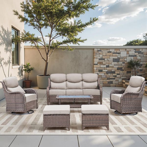 Holion Brown 6-Piece Wicker Patio Conversation Swivel Glider Set Outdoor Sofa Seating Set with 6 in. Beige Cushions