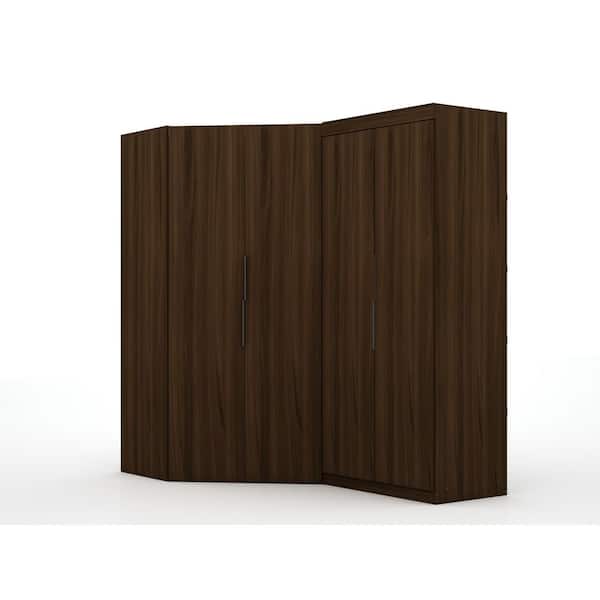 Luxor Ramsey Modern Brown Composite Wood 101.89 in. W 2-Section 4-Door Corner Wardrobe with Shelves, Drawers and Hanging Rods