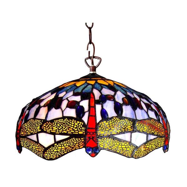 Chloe Lighting Tiffany-Style Dragonfly 2-Light Stainless Steel Pendant Fixture with 18 in. Shade