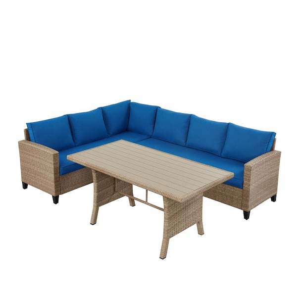 EDYO LIVING 3-Piece Wicker Patio Sectional Sofa Set with Blue Cushions