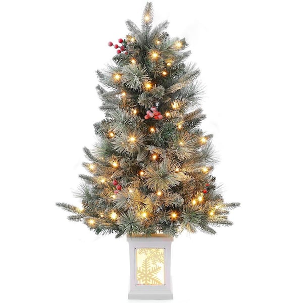 3 ft. Prelit Artificial Christmas Tree with Snow-Flocked Tips, Lighting Snowflake Decorative Base, 78 Warm White LED
