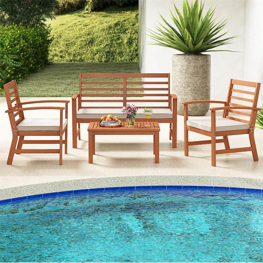 4-Piece Wicker Patio Conversation Set with White Cushions Stable Acacia Wood Frame price history on PriceWatchPro