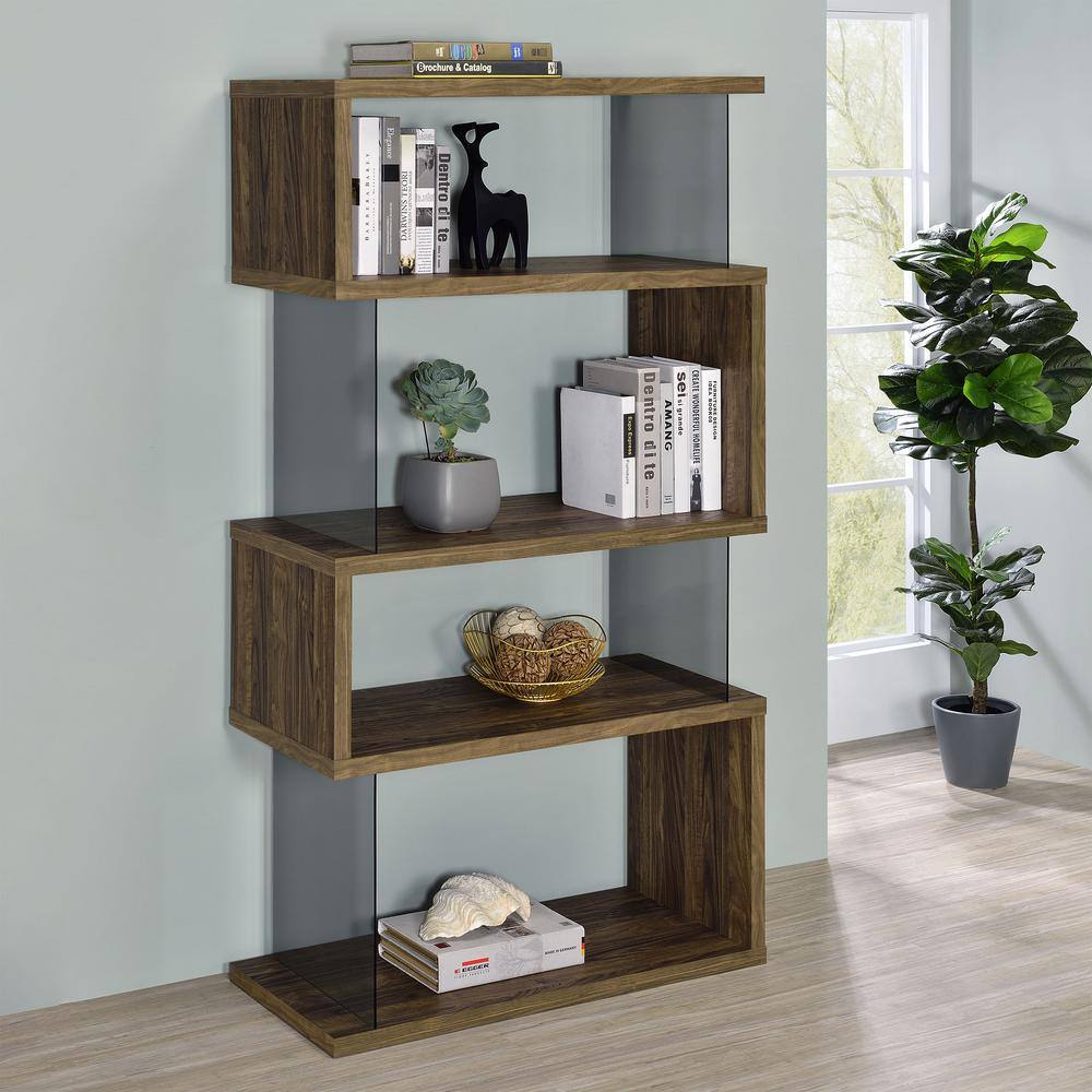 63" Walnut and Glass Zig Zag Bookcase