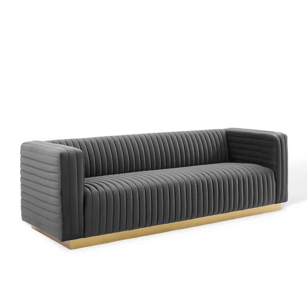 Charcoal Velvet Tufted Sofa with Gold Base