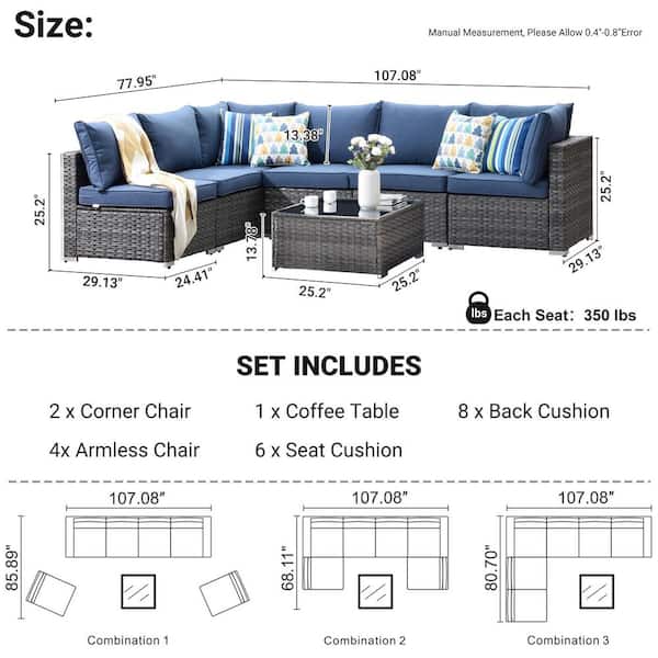 【Pluti】 Rio blue SET fiziti 7-Piece Wicker Outdoor Patio Conversation Furniture