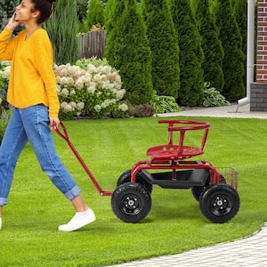 0.17 cu. ft. Metal Rolling Garden Cart Height Adjustable Scooter with Swivel Seat and Tool Storage