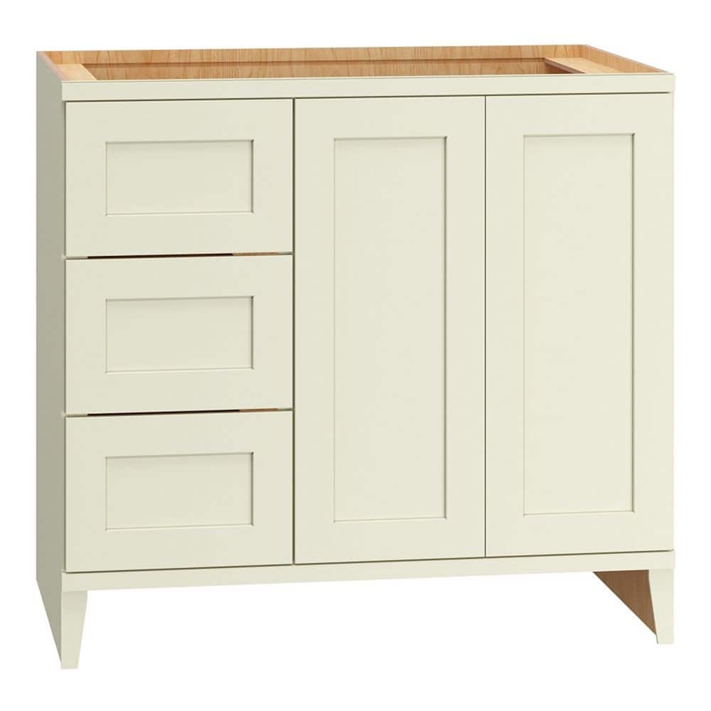 QuickShip Cottage 36 in. W x 21 in. D x 34.5 in. H Assembled Bath Sink Base Cabinet in Starlight with 3 Drawers (Left)