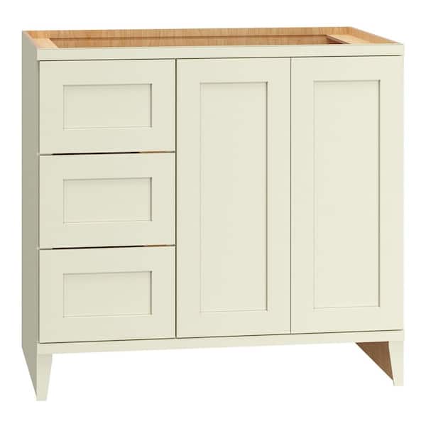QuickShip Cottage 36 in. W x 21 in. D x 34.5 in. H Assembled Bath Sink Base Cabinet in Starlight with 3 Drawers (Left)