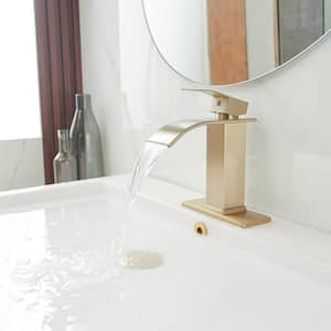 Waterfall Single Handle Single Hole Low-Arc Bathroom Faucet Bathroom Drip-Free Vanity Sink Faucet in Brushed Gold