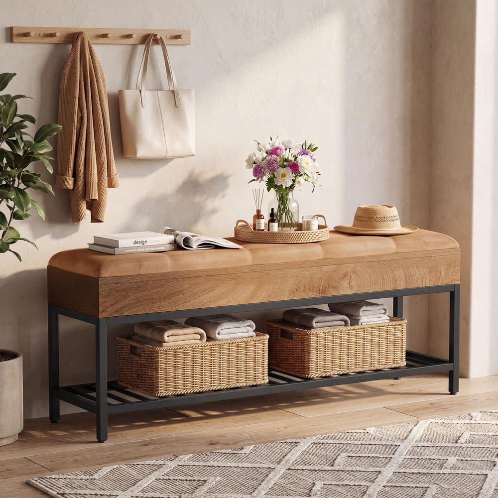 55 in. Natural Brown Entryway Bench with Storge Shelf,Bedroom Bench with Soft Cushion for Hallway and Foyer