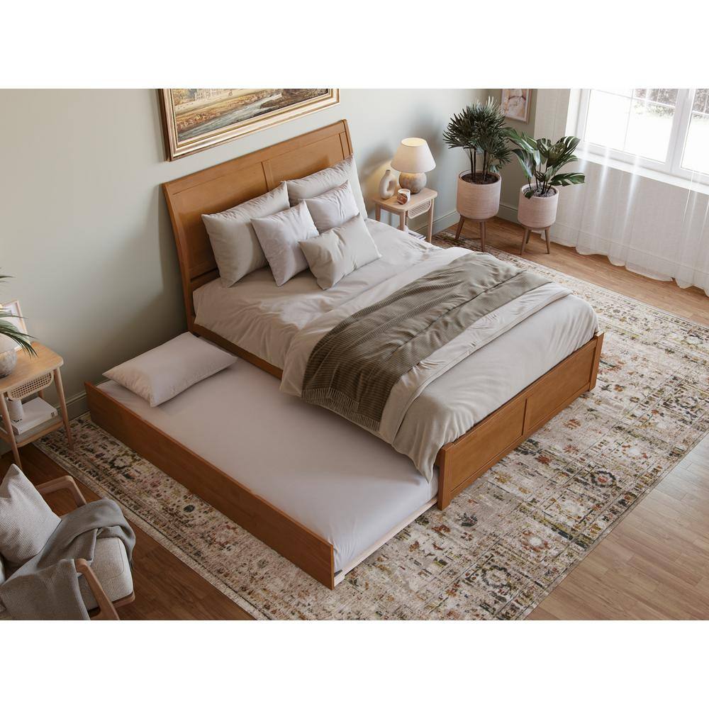Light Toffee Queen Wood Platform Bed with Trundle and Headboard