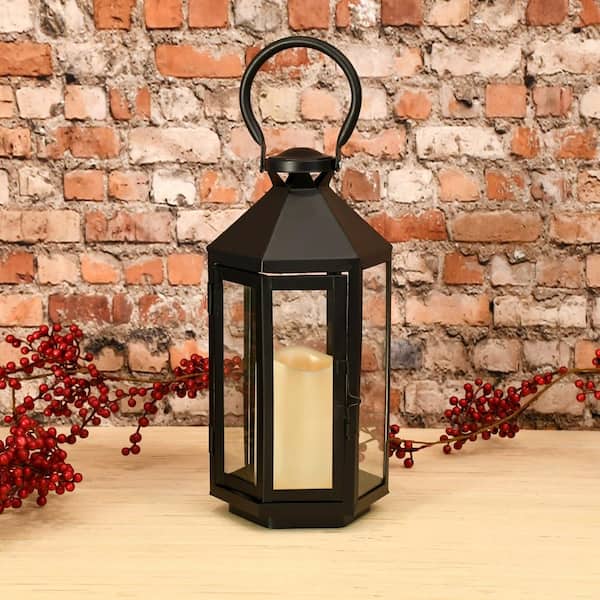 Better Homes & Gardens Decorative Black Metal Battery Operated Outdoor Lantern with Removable LED Candle - 12 in