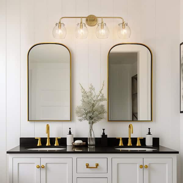 29 in. Seeded Glass Wall Sconce Lighting, 4-Light Modern Gold Bathroom Vanity Light, Globe Farmhouse Bath Lighting