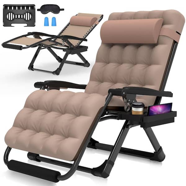 SEEUTEK Enloe 33 in.W Oversized Zero Gravity Chair Metal Outdoor Chaise Lounge with Khaki Removable Cushion and Headrest