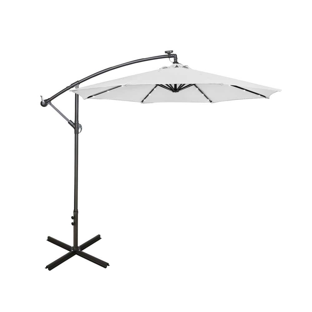 White 10 ft. Solar LED Cantilever Patio Umbrella with Steel Frame