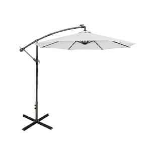 Bayshore 10 ft. Outdoor Patio Crank Lift LED Solar Powered Offset Cantilever Umbrella with Cross Base in White