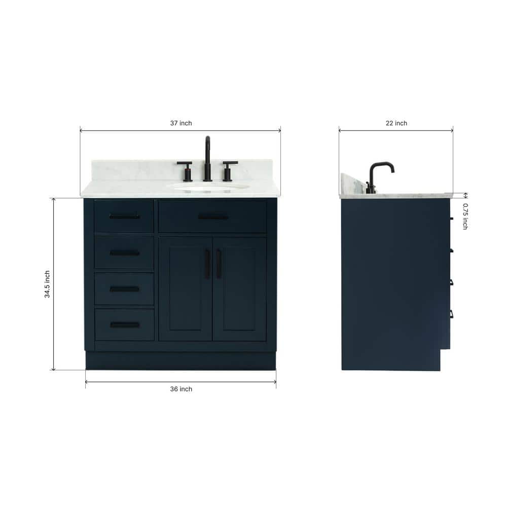 Midnight Blue 37" Freestanding Vanity with White Marble Top