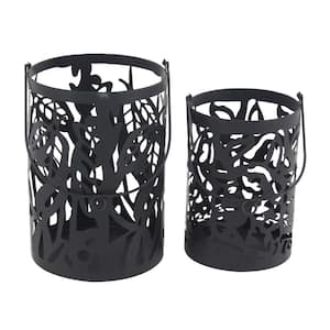 Black Pierced Leaf Design Candle Lanterns (Set of 2)