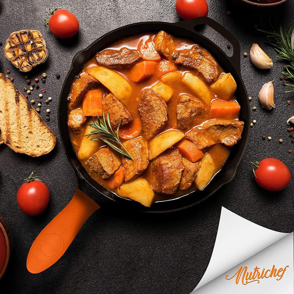 NutriChef 10" & 12" Pre-Seasoned Cast Iron Skillet Set with Silicone Handles