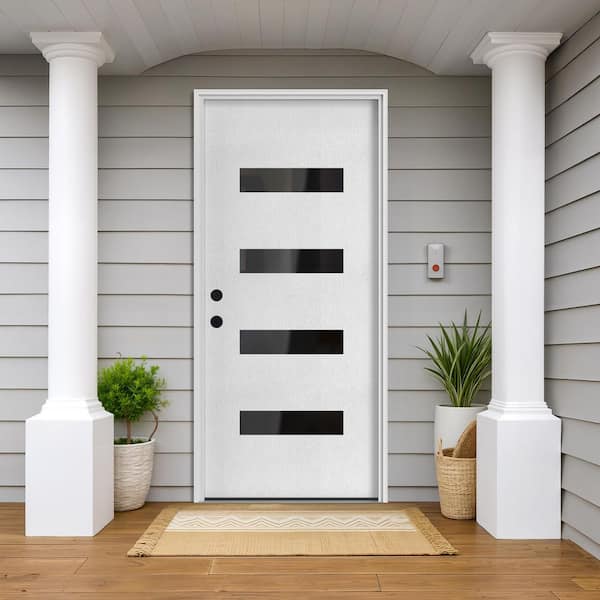36 in. x 80 in. 4 Lite White Finish Right-Hand Inswing Frosted Glass Fiberglass Prehung Front Door with Hinge, Threshold