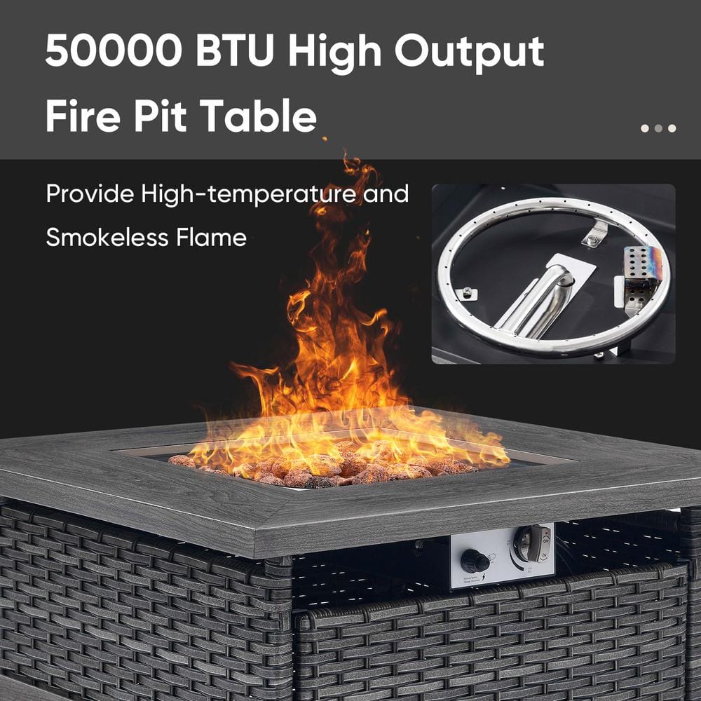 Gray Wicker Propane Fire Pit Table with Faux Wood Top