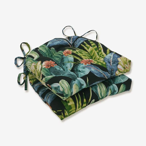Pillow Perfect Floral 17.5 x 17 Outdoor Dining Chair Cushion in Black/Blue/Green (Set of 2)