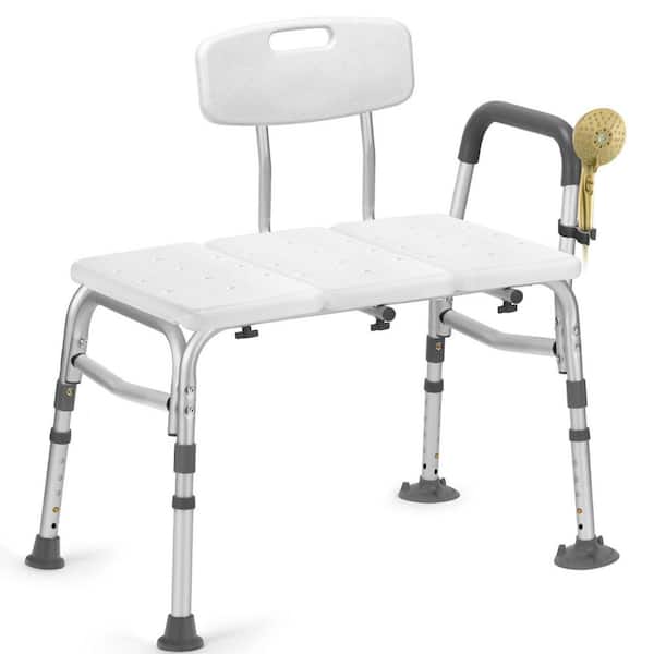 Freestanding Tub Transfer Bench for Bathtub in White, Height Adjustable Shower Bench w/ Backrest for Elderly and Seniors