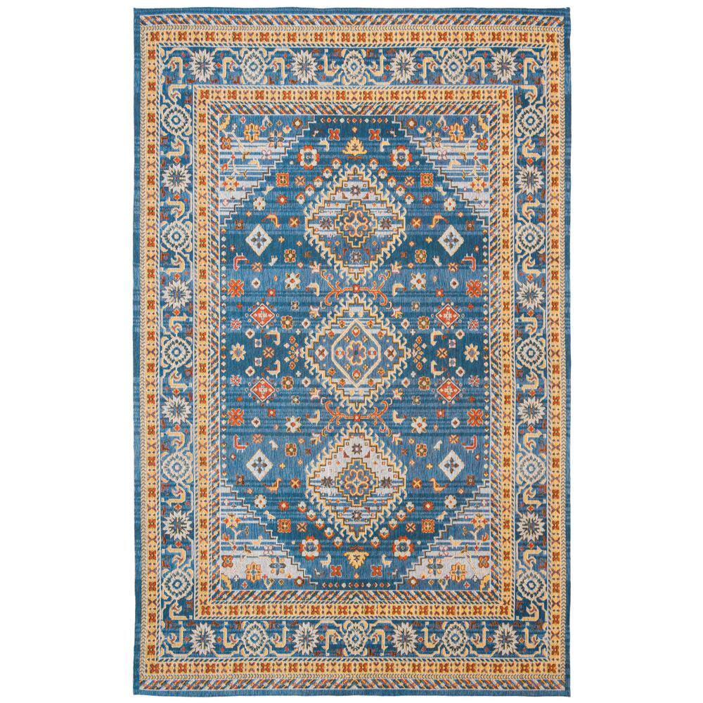 Elegant Vintage Blue & Gold 8' x 10' Flat Woven Cotton Rug