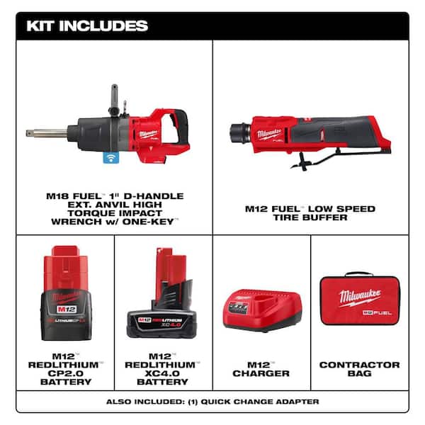 M18 FUEL 18V Lithium-Ion Brushless Cordless 1 in. Impact Wrench Extended Reach D-Handle with M12 Tire Buffer Kit