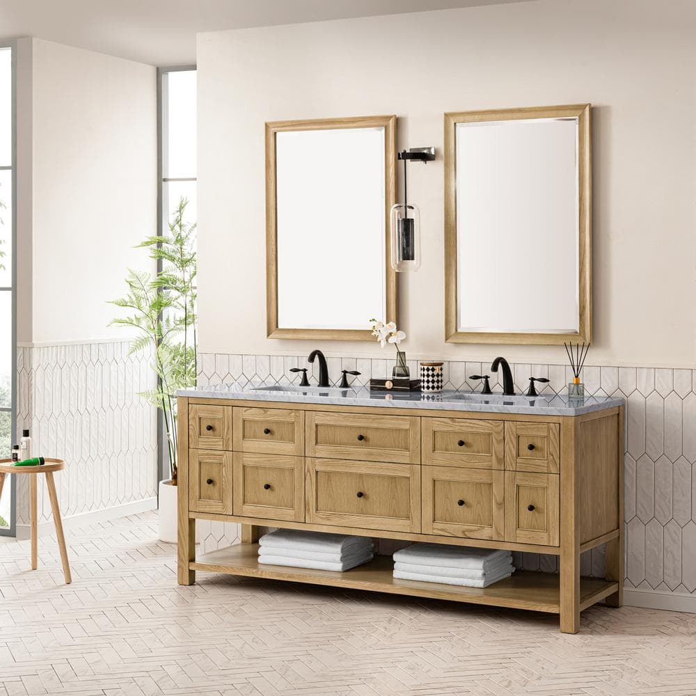 Breckenridge 72" Light Natural Oak Double Vanity Base with Matte Black Knobs