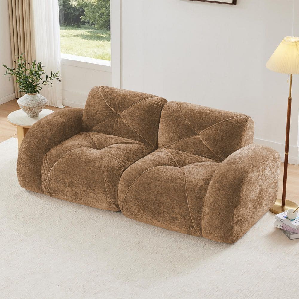 80.3 in. Round Arm Velvet Sofa Tufted Sofa Couches in Camel, No Assembly Required price history on PriceWatchPro