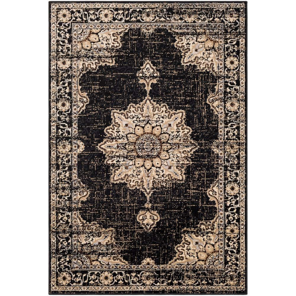 Handmade Black and Beige Synthetic Rectangular Area Rug