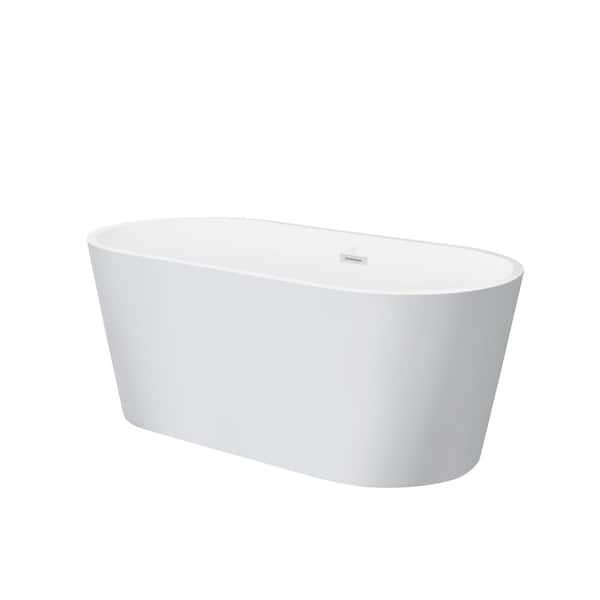 Aoibox 59 in. Center Drain Oval Acrylic Alcove Freestanding Soaking Bathtub with Brass Drain and Stainless Overflow in White