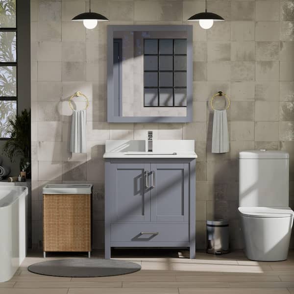Jacques 30 in. W x 22 in. D Dark Grey Bath Vanity, White Quartz Top, Faucet Set, and 28 in. Mirror