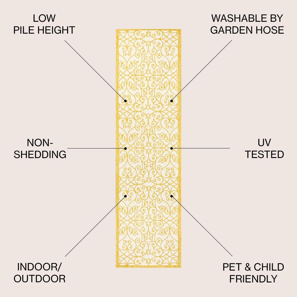 Boho-Chic Spanish Filigree Cream/Yellow 2' x 8' Indoor/Outdoor Runner Rug