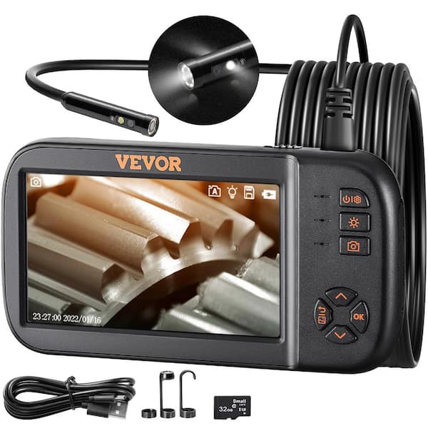 VEVOR 3-Lens Borescope Inspection Camera 4.5 in. Screen Endoscope Sewer Camera with Drain Snake 10-LED Light for Auto Plumbing