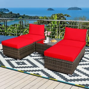 5-Pieces Wicker Outdoor Patio Furniture Set with Coffee Table Ottoman Red Cushion