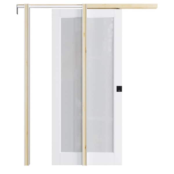 ARK DESIGN 36 in. x 80 in. 1-Lite Frosted Glass Primed White Pocket Door w/ Frame and Hardware (Soft Close and Black Lock Included)