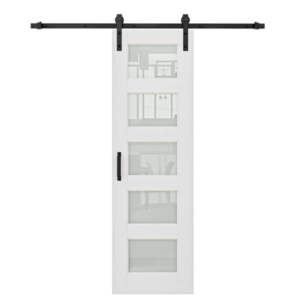 24 in. x 80 in. 5-Lite Tempered Frosted Glass White Primed MDF Sliding Barn Door with Hardware Kit (Soft Close Include)