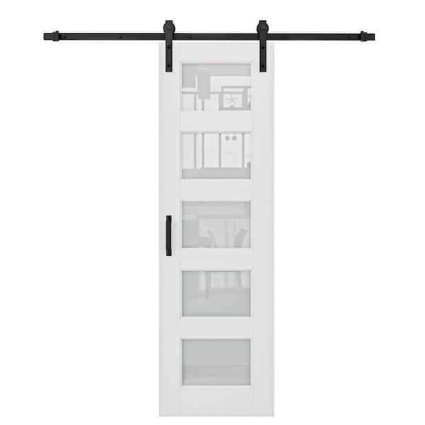 24 in. x 80 in. Waterproof 5-Lite Tempered Frosted Glass White Primed MDF Composite Sliding Barn Door with Hardware Kit