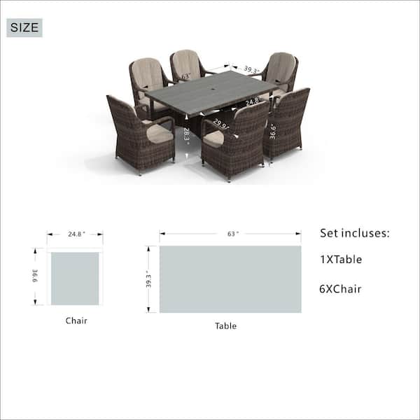 Brown 7-Piece Wicker Outdoor Dining Set Beige Cushion
