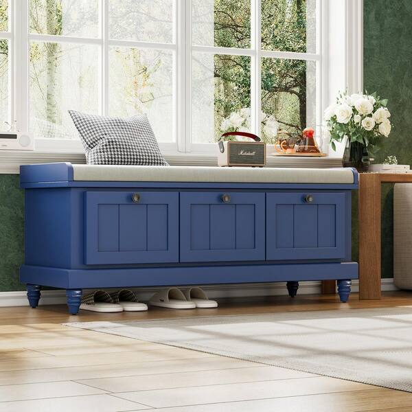 19 in. H x 44 in. W Navy Blue Rubber Wood Shoe Storage Bench with Cushion and 3-Drawer for Hallway, Living Room