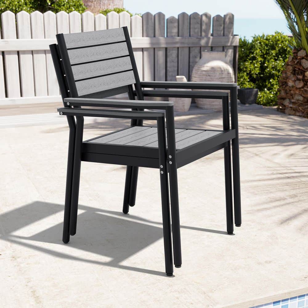 Set of 2-Aluminum Outdoor Dining Chair Stackable Patio Dining Chairs with Wood-Plastic Composite Slats in Dark Gray price history on PriceWatchPro