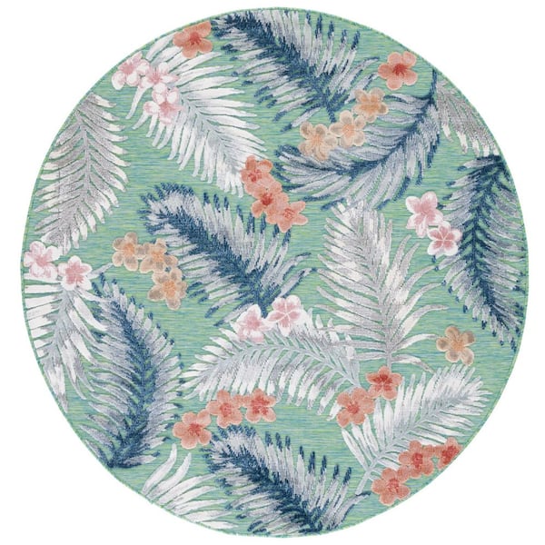 SAFAVIEH Cabana Green/Navy 6 ft. x 6 ft. High-Low Botanical Floral Indoor/Outdoor Round Area Rug